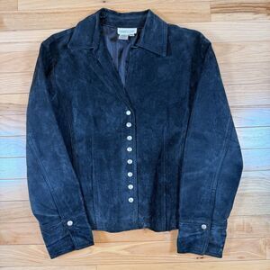 Vtg Coldwater Creek PS 100% Suede Leather Jacket Black Goth Grunge Dark Biker